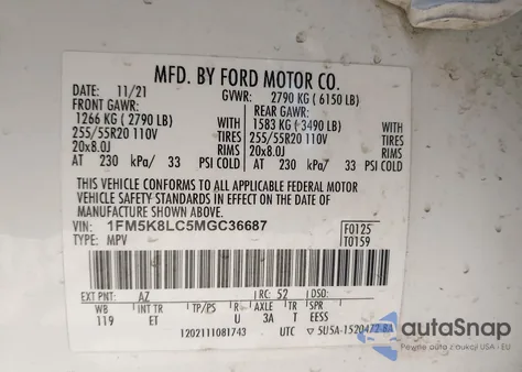 2021 Ford Explorer King Ranch z USA, uszkodzony, nr VIN 1FM5K8LC5MGC36687